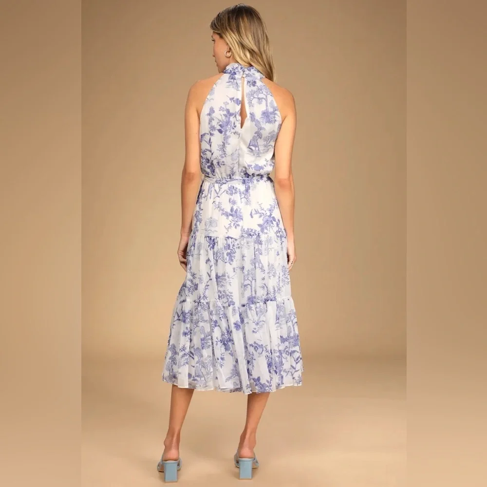 Lulus Float to You White Floral Print Halter Tiered Midi Dress